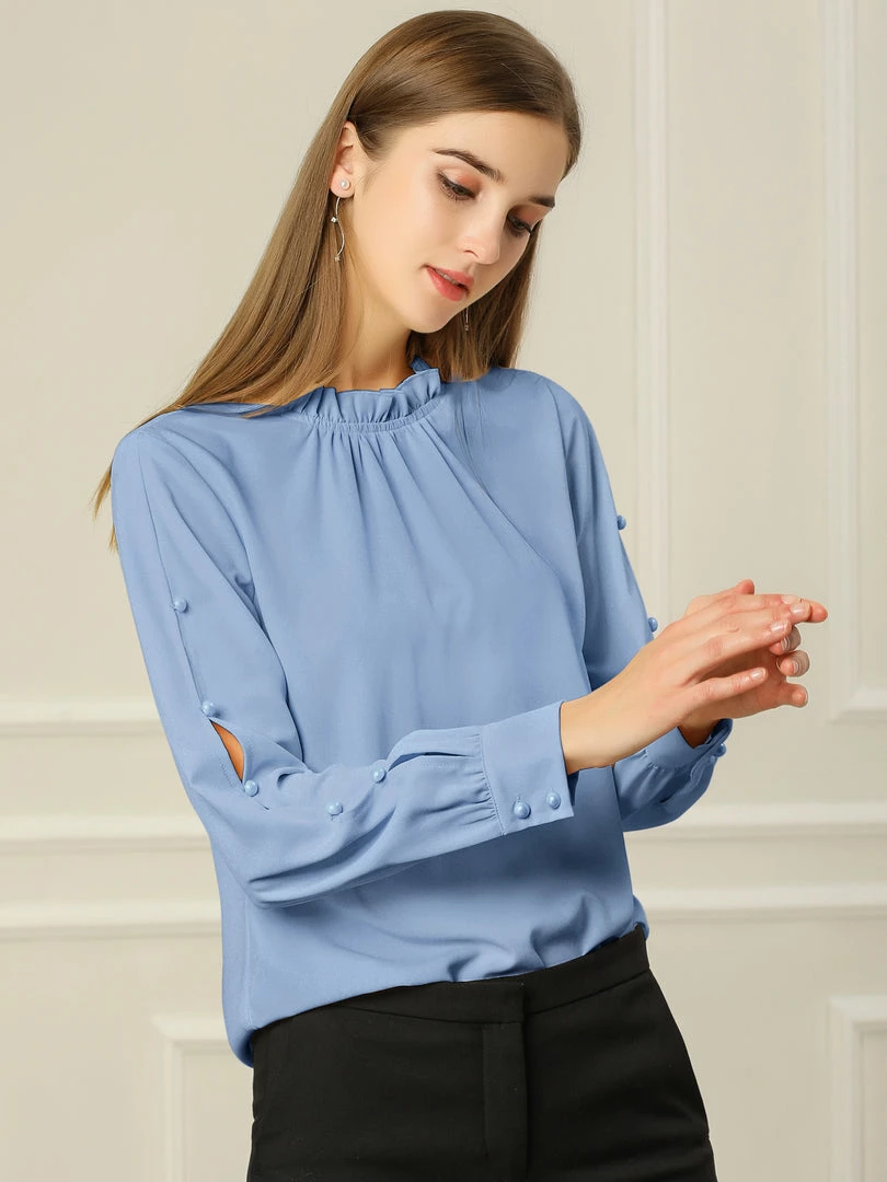 Allegra K Women's Work Ruffle Trim Mock Neck Button Decor Solid Blouse Shirt 23 Allegra K Women's Work Ruffle Trim Mock Neck Button Decor Solid Blouse Shirt