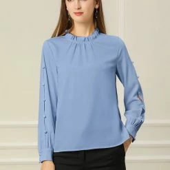 Allegra K Women's Work Ruffle Trim Mock Neck Button Decor Solid Blouse Shirt 59 Allegra K Women's Work Ruffle Trim Mock Neck Button Decor Solid Blouse Shirt