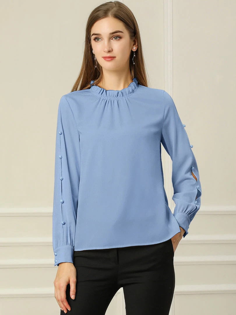 Allegra K Women's Work Ruffle Trim Mock Neck Button Decor Solid Blouse Shirt 24 Allegra K Women's Work Ruffle Trim Mock Neck Button Decor Solid Blouse Shirt