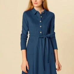Women Allegra K Half Placket Long Sleeve Short Shirt Dress With Belt