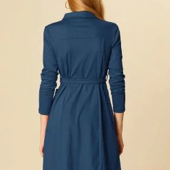 Women Allegra K Half Placket Long Sleeve Short Shirt Dress With Belt
