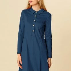 Women Allegra K Half Placket Long Sleeve Short Shirt Dress With Belt