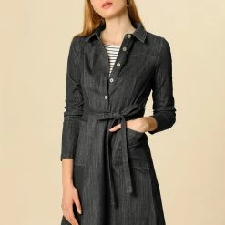 Women Allegra K Half Placket Long Sleeve Short Shirt Dress With Belt