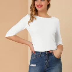 Allegra K Women Elbow Sleeves Round Neck Slim Fit Tee