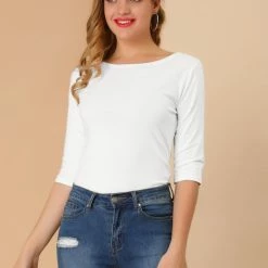 Allegra K Women Elbow Sleeves Round Neck Slim Fit Tee