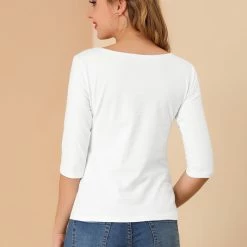 Allegra K Women Elbow Sleeves Round Neck Slim Fit Tee