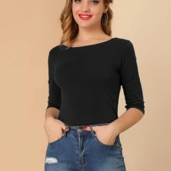 Allegra K Women Elbow Sleeves Round Neck Slim Fit Tee