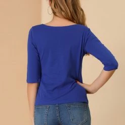 Allegra K Women Elbow Sleeves Round Neck Slim Fit Tee