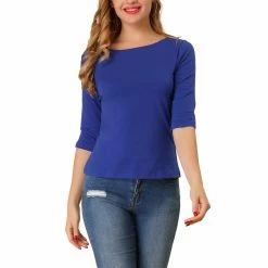 Allegra K Women Elbow Sleeves Round Neck Slim Fit Tee