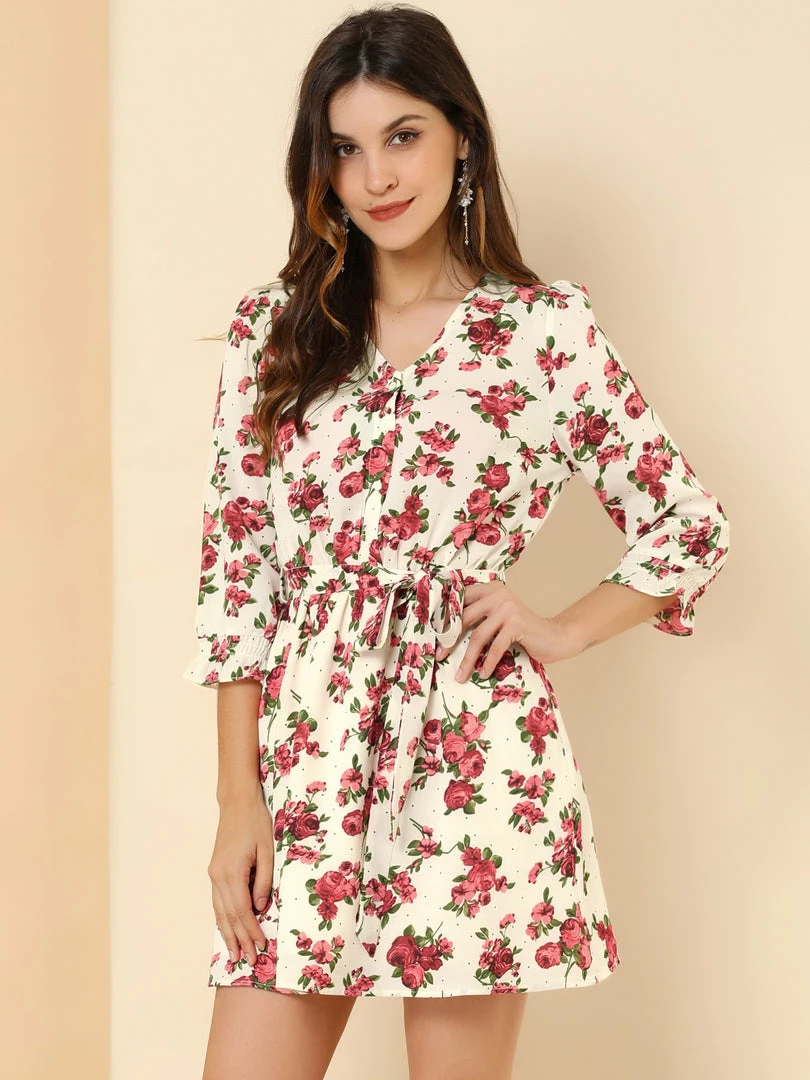 Allegra K Women's Floral Belted V Neck Half Placket Smocked Ruffle Cuff Dress 5 Allegra K Women's Floral Belted V Neck Half Placket Smocked Ruffle Cuff Dress