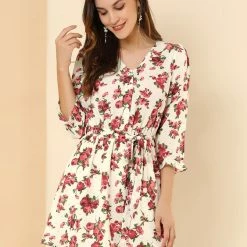 Allegra K Women's Floral Belted V Neck Half Placket Smocked Ruffle Cuff Dress 19 Allegra K Women's Floral Belted V Neck Half Placket Smocked Ruffle Cuff Dress