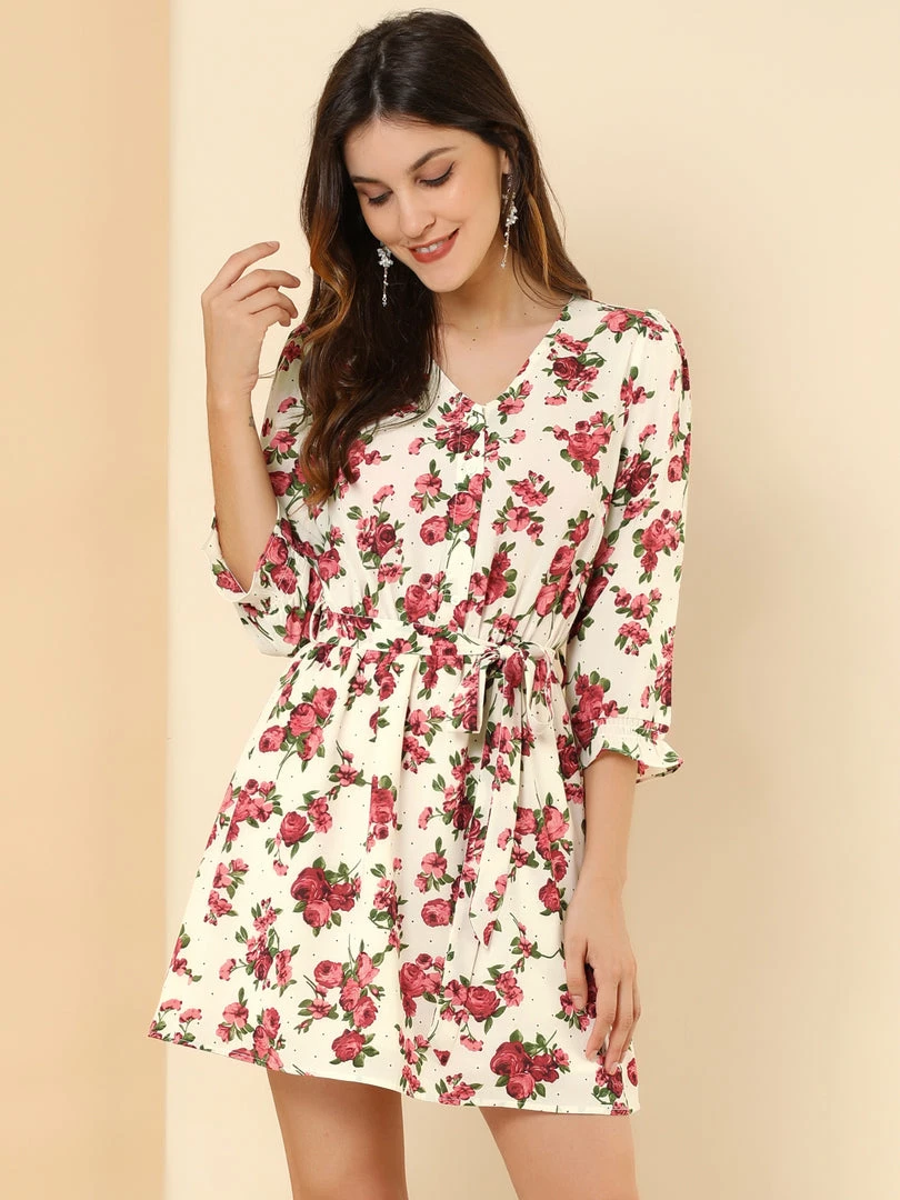 Allegra K Women's Floral Belted V Neck Half Placket Smocked Ruffle Cuff Dress 6 Allegra K Women's Floral Belted V Neck Half Placket Smocked Ruffle Cuff Dress