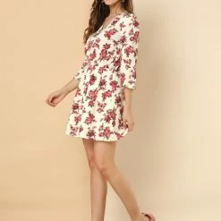 Allegra K Women's Floral Belted V Neck Half Placket Smocked Ruffle Cuff Dress 20 Allegra K Women's Floral Belted V Neck Half Placket Smocked Ruffle Cuff Dress