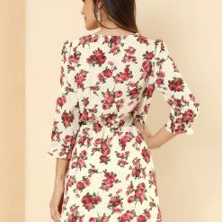 Allegra K Women's Floral Belted V Neck Half Placket Smocked Ruffle Cuff Dress 21 Allegra K Women's Floral Belted V Neck Half Placket Smocked Ruffle Cuff Dress