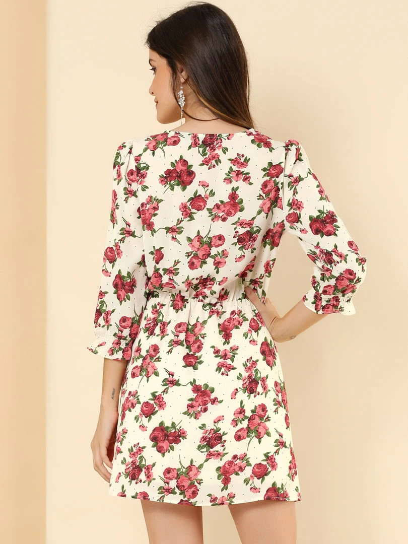 Allegra K Women's Floral Belted V Neck Half Placket Smocked Ruffle Cuff Dress 8 Allegra K Women's Floral Belted V Neck Half Placket Smocked Ruffle Cuff Dress