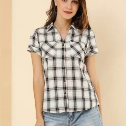 Allegra K Casual Boyfriend Plaid Button Down Shirt Women