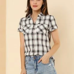 Allegra K Casual Boyfriend Plaid Button Down Shirt Women
