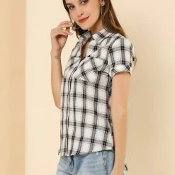 Allegra K Casual Boyfriend Plaid Button Down Shirt Women