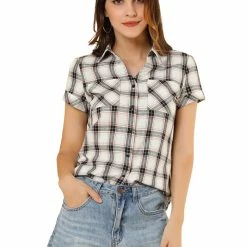 Allegra K Casual Boyfriend Plaid Button Down Shirt Women