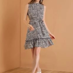 Allegra K Women's Floral Daisy Printed Half Placket Ruffle Hem A-Line Belted Sleeveless Dress