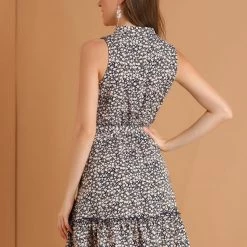 Allegra K Women's Floral Daisy Printed Half Placket Ruffle Hem A-Line Belted Sleeveless Dress