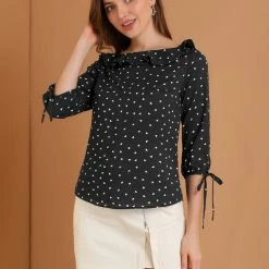 Allegra K Women's Ruffled Neck Half Sleeve Summer Polka Dot Blouse Tops