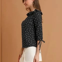 Allegra K Women's Ruffled Neck Half Sleeve Summer Polka Dot Blouse Tops