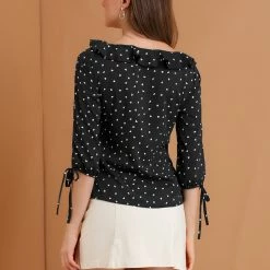 Allegra K Women's Ruffled Neck Half Sleeve Summer Polka Dot Blouse Tops