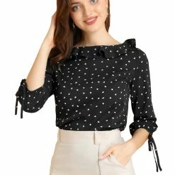 Allegra K Women's Ruffled Neck Half Sleeve Summer Polka Dot Blouse Tops