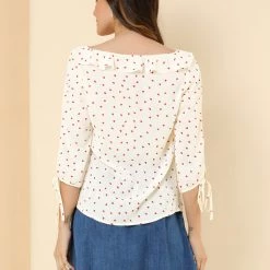 Allegra K Women's Ruffled Neck Half Sleeve Summer Polka Dot Blouse Tops