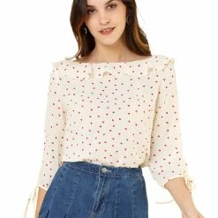 Allegra K Women's Ruffled Neck Half Sleeve Summer Polka Dot Blouse Tops