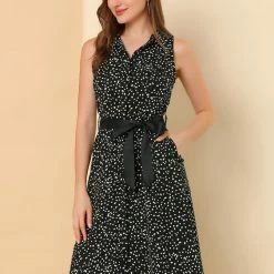 Allegra K Sleeveless Polka Dot Midi Shirt Dress Women