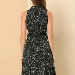 Allegra K Sleeveless Polka Dot Midi Shirt Dress Women