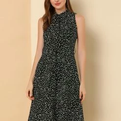 Allegra K Sleeveless Polka Dot Midi Shirt Dress Women