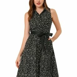 Allegra K Sleeveless Polka Dot Midi Shirt Dress Women
