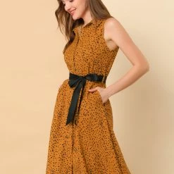 Allegra K Sleeveless Polka Dot Midi Shirt Dress Women