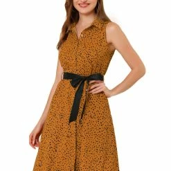 Allegra K Sleeveless Polka Dot Midi Shirt Dress Women