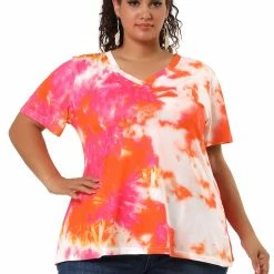 Allegra K Women's Top Short Sleeves V Neck Lightweight Casual Tie Dye T Shirt Tops