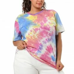 Allegra K Women's Plus Size Tie Dye T Shirts Summer Short Sleeves Casual Tops