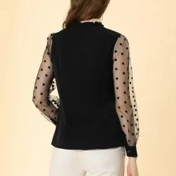 Allegra K Women's Elegant Tie Neck Ruffle Collar Shirts Sheer Mesh Long Sleeve Blouse