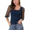 Allegra K Women's Retro Square Neck Blouse Slim Fit Semi Sheer 3/4 Mesh Sleeve Tops