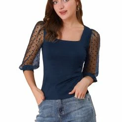 Allegra K Women's Retro Square Neck Blouse Slim Fit Semi Sheer 3/4 Mesh Sleeve Tops