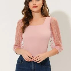 Allegra K Women's Retro Square Neck Blouse Slim Fit Semi Sheer 3/4 Mesh Sleeve Tops