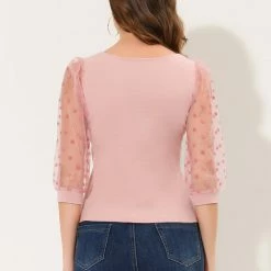 Allegra K Women's Retro Square Neck Blouse Slim Fit Semi Sheer 3/4 Mesh Sleeve Tops