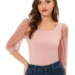 Allegra K Women's Retro Square Neck Blouse Slim Fit Semi Sheer 3/4 Mesh Sleeve Tops