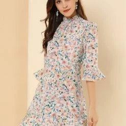 Allegra K Women's Floral 3/4 Bell Sleeve Smocked Belted Flare Ruffle Dress