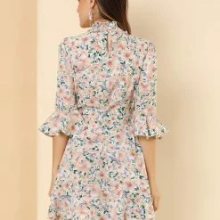 Allegra K Women's Floral 3/4 Bell Sleeve Smocked Belted Flare Ruffle Dress