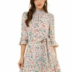 Allegra K Women's Floral 3/4 Bell Sleeve Smocked Belted Flare Ruffle Dress