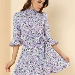 Allegra K Women's Floral 3/4 Bell Sleeve Smocked Belted Flare Ruffle Dress