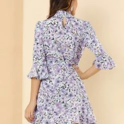 Allegra K Women's Floral 3/4 Bell Sleeve Smocked Belted Flare Ruffle Dress